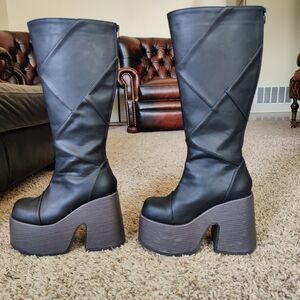 Demonia Black Tall Platform Chunky Heel Boots